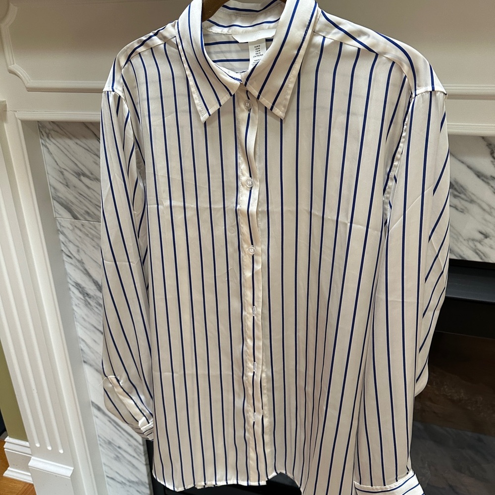 H&M White Blouse with Blue Vertical Stripes